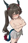  1girl arknights arknights:_endfield black_hair blue_tail blush breasts chen_qianyu_(arknights) closed_mouth collarbone commentary coricori covering_nipples covering_privates embarrassed english_commentary feet_out_of_frame fingernails grey_eyes grey_skirt highres horns long_hair medium_breasts nose_blush red_tail simple_background skirt solo tail topless_female white_background 