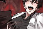  1boy black_hair black_shirt black_wings blush breasts coat collared_shirt colored_extremities colored_veins cracked_skin demon_horns demon_king_of_salvation feathered_wings flustered grabbing_own_breast head_tilt horns kim_dokja male_focus omniscient_reader's_viewpoint open_clothes open_coat open_mouth red_eyes rolling_eyes shirt short_hair solo taotaille upper_body white_coat wings 