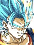  1boy blue_eyes blue_hair blue_shirt close-up commentary_request dragon_ball dragon_ball_super earrings highres hiro_(udkod1ezlyi2flo) jewelry male_focus orange_shirt potara_earrings shirt smirk solo spiked_hair super_saiyan super_saiyan_blue upper_body vegetto 