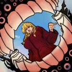  ahoge alternate_breast_size_(larger) blonde_hair blue_background braid breasts fingernails freckles from_below full-length_zipper gabu_(yomi_no_tsugai) highres jacket large_breasts long_sleeves low_twin_braids master_dcj monster purple_eyes red_jacket sharp_fingernails sky teeth tongue twin_braids upper_teeth_only yomi_no_tsugai zipper 