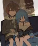  1boy 1girl absurdres ahoge bare_shoulders bike_shorts black_choker black_hoodie blue_hair blue_jacket borrowed_character brown_hair cellphone choker closed_eyes commission couch drooling facial_mark feet_out_of_frame highres hood hoodie indoors jacket leaning_on_person long_hair long_sleeves mouth_drool multicolored_hair multiple_girls neck_ribbon off_shoulder on_couch open_mouth phone red_hair ribbon short_hair shorts sitting skeb_commission sleeping sleeping_together sleeping_upright sleeves_past_wrists smartphone strap_slip streaked_hair tank_top tyaui_(xjju4435) white_tank_top 