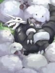  aggron claws closed_eyes fangs grass highres horns no_humans p_ora77 pokemon pokemon_(creature) sheep sleeping tail teeth u_u wool wooloo 
