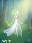  2025 3_fingers ambiguous_gender anthro artist_name biped detailed_background fingers forest fulgito_ast gardevoir generation_3_pokemon grass hi_res light nintendo one_eye_obstructed open_mouth outside pink_eyes pink_tongue plant pokemon pokemon_(species) solo standing sunlight text tongue tree 