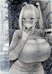  1girl blush breasts cleavage greyscale highres hirune_(imomonono) large_breasts long_hair looking_at_viewer monochrome original ribbed_sweater smile solo sweat sweater turtleneck turtleneck_sweater twintails 