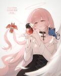  1girl 1other absurdres animal_on_shoulder animalization apple arknights bird black_skirt breasts cat chibi cleavage commentary_request dated_commentary doctor_(arknights) earrings fiammetta_(arknights) food fruit halo happy_birthday highres jewelry large_breasts lemuen_(arknights) long_hair mostima_(arknights) pink_eyes pink_hair shirt shokuyou_koori skirt smile very_long_hair white_shirt white_wings wings 