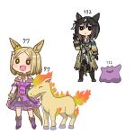  2girls animal_ears bare_shoulders black_boots black_gloves black_hair black_sclera blonde_hair blush boots bow bowtie breasts brown_hair coat colored_sclera commentary_request ditto dress ear_covers fiery_hair fiery_tail fire flame-tipped_tail gloves goggles goggles_around_neck hair_between_eyes horse horse_ears horse_girl horse_tail long_hair long_sleeves medium_breasts mr._ebidou multicolored_hair multiple_girls narita_top_road_(the_proud_road)_(umamusume) narita_top_road_(umamusume) open_mouth pants pokemon pokemon_(creature) ponyta purple_dress purple_shorts shirt short_hair shorts single_ear_cover smile solid_circle_eyes stay_gold_(sunlit_outsider)_(umamusume) stay_gold_(umamusume) tail umamusume v white_hair white_shirt yellow_coat 
