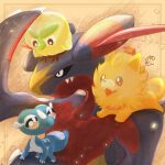  :d animal_on_head animal_on_shoulder bird bird_on_head black_eyes black_sclera brown_background browt colored_sclera commentary_request dog fangs garchomp gecqua lizard mg_(gravity) no_humans on_head pink_eyes pokemon pokemon_(creature) pokemon_focus pombon smile starter_pokemon_trio 