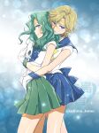  2girls arms_around_another's_waist asymmetrical_bangs bishoujo_senshi_sailor_moon blonde_hair blue_background blue_choker blue_eyes blue_necktie blue_sailor_collar blue_skirt blue_trim choker closed_mouth commentary_request curtained_hair earrings feet_out_of_frame floating_hair from_side gloves gold_earrings gold_headband gradient_background green_eyes green_hair green_sailor_collar green_skirt green_trim highres hug hug_from_behind jewelry kaiou_michiru light_particles light_smile looking_at_viewer medium_hair multiple_girls neckerchief necktie ooshima_tomo pleated_skirt sailor_collar sailor_neptune sailor_senshi_uniform sailor_uranus school_uniform serafuku shirt short_hair short_sleeves skirt ten'ou_haruka tiara twitter_username watermark white_background white_gloves white_shirt yellow_neckerchief yuri 