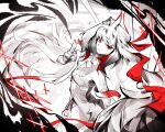  1girl animal_ear_fluff animal_ears bare_shoulders breasts commentary_request dress droopy_ears floating_hair fluffy_tail hairband highres horns kuji-in long_hair looking_at_viewer medium_breasts multicolored_hair red_eyes red_hair see-through_horns solo very_long_hair white_dress white_hair white_hairband white_tail wifi12341234 ye_shunguang ye_shunguang_(enlightened_state) zenless_zone_zero 