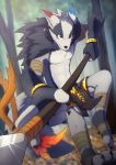  2018 action_pose anthro canine clothing digital_media_(artwork) drvee heterochromia hi_res loincloth looking_at_viewer male mammal melee_weapon mokarakom polearm pose simple_background solo spear tribal weapon wolf 