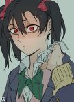  2girls black_hair bow bowtie cardigan closed_mouth commentary_request green_background green_bow green_bowtie hair_between_eyes hair_bow highres long_hair love_live! love_live!_school_idol_project multiple_girls otonokizaka_school_uniform pink_cardigan red_bow school_uniform simple_background surfacedxxc sweatdrop twintails yazawa_nico 