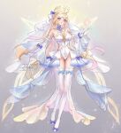  1girl bare_shoulders blonde_hair blue_bow blue_eyes bow breasts commentary cross-shaped_pupils detached_sleeves footwear_bow full_body genshin_impact gloves grey_background halo hand_up hat high_heels highres large_breasts leotard long_hair long_sleeves looking_at_viewer nicole_reeyn parted_lips princess_ailish shoes signature simple_background solo symbol-shaped_pupils thighhighs veil very_long_hair white_gloves white_hat white_leotard white_shoes white_sleeves white_thighhighs white_veil 
