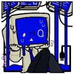  1other black_pants blue_necktie blue_screen_of_death bomal1215 cable cable_tail collared_shirt commentary_request knees_up korean_commentary lowres mechanical_tail necktie open_mouth original pants shirt simple_background sitting tail triangle_mouth white_background white_shirt 