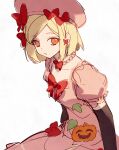  1girl aluce beret black_gloves blonde_hair closed_mouth collarbone dress elbow_gloves gloves hat hat_ribbon highres jack-o'-lantern_print jewelry lambdadelta leaf_print looking_at_viewer multiple_hair_ribbons necklace orange_eyes parted_bangs pearl_necklace pink_dress pink_hat puffy_short_sleeves puffy_sleeves red_ribbon ribbon short_hair short_sleeves solo umineko_no_naku_koro_ni upper_body white_background 