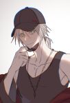  1boy aged_down bare_shoulders baseball_cap black_tank_top closed_mouth collarbone commentary_request final_fantasy final_fantasy_vii final_fantasy_vii:_ever_crisis gradient_background green_eyes grey_hair hair_between_eyes hat highres jewelry looking_at_viewer low_ponytail lyell_ff14 male_focus mask mask_pull mouth_mask necklace official_alternate_costume ponytail sephiroth sephiroth_(ever_crisis) short_hair solo tank_top upper_body 