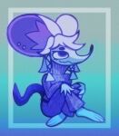 ambiguous_gender anthro barefoot belt big_ears border bottomwear braided_hair clothing crossed_legs ear_piercing feet hair hands_on_knees hands_on_legs mammal mouse murid murine pants piercing purple_body raskul rat rodent sitting smile solo sweater tail topwear turtleneck