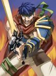  1boy blue_eyes blue_hair commentary_request fire_emblem fire_emblem:_radiant_dawn green_headband headband highres holding holding_sword holding_weapon ike_(fire_emblem) male_focus open_mouth ragnell shino_(2919) short_hair solo sword weapon 