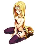  bad_id bad_pixiv_id between_legs blonde_hair breast_hold breasts circlet dragon_quest dragon_quest_vi full_body green_eyes hand_between_legs jewelry long_hair low-tied_long_hair medium_breasts mireyu navel necklace ponytail shoes simple_background sitting solo thighhighs very_long_hair wariza white_background zakki 