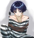  1boy absurdres arms_behind_back bare_shoulders blunt_ends bound bound_torso cheek_squash choppy_bangs collarbone commentary_request disembodied_hand eyeliner genshin_impact highres kasakasa816 knee_up looking_at_viewer makeup male_focus off_shoulder pants parted_lips pov pov_hands prison_clothes prisoner purple_eyes red_eyeliner red_pupils scaramouche_(genshin_impact) shirt sitting solo speech_bubble striped_clothes striped_pants striped_shirt translation_request tsurime 