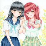  2girls :d aqua_neckerchief arukapismillust black_hair blue_sailor_collar blue_skirt bow bowtie commentary_request green_scrunchie green_skirt hair_ornament hair_scrunchie holding_hands interlocked_fingers l_hand long_hair looking_at_viewer marker_(medium) multiple_girls neckerchief one_side_up open_mouth original outstretched_arm parted_lips pink_bow pink_bowtie plaid_clothes plaid_skirt plant pleated_skirt red_hair sailor_collar school_uniform scrunchie serafuku shirt shirt_tucked_in short_sleeves simple_background skirt smile straight_hair traditional_media watermark white_background white_shirt wispy_bangs yellow_eyes 