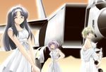  aircraft airplane black_hair blonde_hair bottle dress fighter_jet jet long_hair mig-25 military military_vehicle multiple_girls off_shoulder one_eye_closed original purple_hair short_hair white_dress yitsuse_masami 