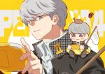  2boys :3 animal_on_head beetle bkub_(style) black_jacket blush bug butterfly_net chibi chibi_on_shoulder collared_shirt copyright_name dual_persona grey_eyes grey_hair hand_net handheld_game_console highres holding holding_handheld_game_console houndstooth innertube jacket ladybug long_sleeves looking_at_viewer male_focus moobki multiple_boys narukami_yu on_head on_shoulder open_clothes open_jacket persona persona_4 playstation_vita school_uniform shirt shoes short_hair simple_background smile swim_ring upper_body white_shirt yasogami_school_uniform yellow_background 