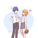  1boy 1girl alternate_costume bag bare_arms bare_shoulders belt black_pants blue_eyes blue_hair blush blush_stickers breasts brown_eyes brown_hair choker closed_mouth digital_walkman earrings english_commentary feet_out_of_frame flipped_hair flower grey_skirt hands_in_pockets heart heart_choker heart_print height_difference holding holding_bag jewelry kneehighs looking_at_another medium_breasts medium_hair mp3_player musical_note pants parted_lips persona persona_3 pink_tank_top print_socks shirt short_hair shuyukas signature skirt smile socks spoken_musical_note standing stud_earrings takeba_yukari tank_top white_choker white_shirt white_socks yuuki_makoto_(persona_3) 