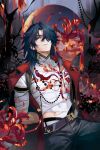  1boy arm_behind_back bandaged_chest bandages belt black_belt black_pants blade_(honkai:_star_rail) closed_mouth coat collared_shirt commentary earrings flower frown hair_over_one_eye highres jewelry lapels looking_at_viewer lv_zhu_xuan male_focus mortenax_blade_(honkai:_star_rail) notched_lapels official_alternate_costume one_eye_covered pants piercing red_coat red_eyes red_flower shirt single_earring sitting solo spider_lily tassel tassel_earrings 