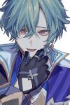  1boy arm_up black_gloves blue_hair coat colored_eyelashes commentary earrings genshin_impact gloves hand_on_own_chin highres jewelry lohen_(genshin_impact) long_sleeves looking_at_viewer lower_teeth_only male_focus na2u_1 open_mouth parted_bangs piercing pink_eyes ring short_hair simple_background single_earring smile solo teeth upper_body white_background 