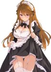  1girl absurdres ahoge apron b1ack_illust black_bow black_bowtie black_dress bow bowtie breasts brown_hair character_request choppy_bangs cleavage cleavage_cutout closed_mouth clothing_cutout collared_dress commentary_request copyright_request cowboy_shot dress dress_shirt eyebrows_hidden_by_hair flashing frilled_apron frilled_dress frills garter_straps hair_between_eyes hair_bow highres large_breasts lifting_own_clothes lingerie long_bangs long_hair looking_at_viewer maid maid_apron maid_headdress panties purple_eyes raised_inner_eyebrows shirt simple_background smile solo standing straight_hair thighhighs underwear white_apron white_background white_garter_straps white_panties white_thighhighs wing_collar 