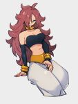  1girl android_21 blue_eyes bracelet breasts choker closed_mouth commentary_request cosplay dragon_ball dragon_ball_fighterz earrings hair_over_one_eye hoop_earrings jewelry kemachiku long_hair looking_at_viewer majin_android_21 majin_android_21_(cosplay) medium_breasts midriff navel red_hair solo yellow_choker 