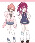 2girls :< aged_down animal_hood arm_warmers asymmetrical_legwear black_shoes blue_overalls blue_shoes blue_socks blush bone_hair_ornament bow brown_hair brown_ribbon camisole chibi closed_mouth ensemble_stars! full_body genderswap genderswap_(mtf) grey_camisole grey_shorts hair_bow hair_ornament hair_tie hairclip hands_on_own_hips heart heart_print highres hood hood_down hooded_jacket jacket kuon_mashu layered_legwear letterboxed long_hair looking_at_viewer loose_socks madoka_nozomi mismatched_legwear multicolored_hair multiple_girls neck_ribbon overall_skirt overalls parted_lips partially_unzipped pink_hair pink_jacket pink_shirt polka_dot polka_dot_background polka_dot_socks purple_eyes purple_hair rabbit_hood ribbon shirt shoes short_hair short_sleeves shorts side_ponytail sleeves_past_fingers sleeves_past_wrists sneakers socks standing star_(symbol) star_print striped_arm_warmers striped_clothes striped_shirt thighhighs two-tone_hair uneven_legwear white_background white_bow white_socks white_thighhighs yellow_eyes yuzu_1122z 