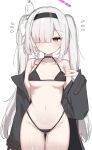  1girl absurdres bikini black_bikini black_eyes black_hairband blue_archive blush breasts choker commentary doldol_(rkwowlqrp) hair_over_one_eye hairband halo highres long_hair navel plana_(blue_archive) revision simple_background small_breasts solo swimsuit twintails white_background 