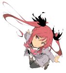  1girl \||/ black_thighhighs blush_stickers bow bowtie closed_mouth collared_shirt cthugha_(nyaruko-san) enami_katsumi floating_hair from_above full_body grey_jacket grey_skirt hair_between_eyes haiyore!_nyaruko-san head_tilt jacket long_hair long_sleeves looking_at_viewer miniskirt open_clothes open_jacket pink_bow pink_bowtie pleated_skirt red_eyes red_hair school_uniform shirt sidelocks simple_background skirt solo thighhighs twintails very_long_hair white_background white_shirt 