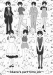  1girl absurdres apron bow bowtie cheering cheerleader closed_mouth commentary_request english_text frilled_apron frills greyscale highres holding holding_pom_poms leg_up maid midriff mixed-language_text monochrome necktie open_mouth pants pencil_skirt pleated_skirt pom_pom_(cheerleading) ranma_1/2 shirt shoes short_hair skirt smile tendou_akane translation_request triangle_background user_jesv7777 vest 