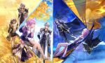  absurdres armor black_cloak black_jacket black_pants blue_cape blue_eyes cape chinese_commentary cloak closed_mouth commentary_request cyrene_(honkai:_star_rail) cyrene_(philia093)_(honkai:_star_rail) dawnmaker_(honkai:_star_rail) dress flame_reaver_of_the_deepest_dark hair_ornament hand_on_own_hip highres holding holding_sword holding_weapon honkai:_star_rail honkai_(series) jacket jewelry long_sleeves lying necklace on_swing outdoors outstretched_arm pants phainon_(honkai:_star_rail) pink_hair shadow shirt shorts shoulder_armor sitting smile split_theme standing stelle_(honkai:_star_rail) swing sword trailblazer_(honkai:_star_rail) weapon wheat wheat_field white_shirt x2one 
