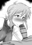  1boy 1girl :>= absurdres allenby_beardsley bar_censor bare_arms blush bodysuit breasts censored commentary_request erection fellatio g_gundam gloves greyscale gundam hand_on_another's_leg hetero highres jewelry kaiman_garupan large_breasts monochrome necklace nose_blush oral penis short_hair sidelocks sleeveless sleeveless_bodysuit sweat white_background 