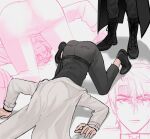  2boys all_fours ass black_coat black_pants boots coat full_body highres kim_dokja male_focus multiple_boys multiple_views omniscient_reader's_viewpoint pants presenting_own_ass presenting_own_body standing taotaille top-down_bottom-up white_coat yaoi yoo_joonghyuk 