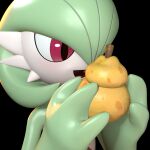 2026 3_fingers 3d_(artwork) ambiguous_gender black_background blender_(artwork) bot1684127 chest_spike digital_media_(artwork) fingers food fruit gardevoir generation_3_pokemon glistening glistening_eyes green_body green_hair hair hi_res holding_food holding_fruit holding_object humanoid nintendo open_mouth open_smile plant pokemon pokemon_(species) pseudo_hair red_eyes simple_background smile solo spikes spikes_(anatomy) white_body