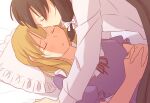  2girls black_skirt blonde_hair bow brown_hair closed_eyes collarbone collared_dress collared_shirt commentary_request dress frilled_shirt_collar frills hair_bow kiss kissing_forehead long_hair long_sleeves lying maribel_hearn medium_hair missing_headwear multiple_girls neck_ribbon on_back on_bed open_mouth own_hands_together pillow puffy_short_sleeves puffy_sleeves purple_dress red_ribbon ribbon shirt short_sleeves sidelocks skirt teardrop touhou unagi_sango usami_renko white_bow white_shirt yuri 