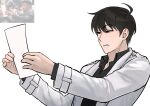  1boy ahoge black_hair black_shirt coat collared_shirt commentary half-closed_eyes holding holding_paper kim_dokja male_focus meme omniscient_reader's_viewpoint open_clothes open_coat outstretched_arms paper reference_inset shirt short_hair solo squinting taotaille upper_body white_coat 
