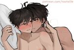  2boys black_hair blush flustered hand_on_another's_neck head_on_pillow kim_dokja male_focus multiple_boys nude omniscient_reader's_viewpoint out-of-frame_censoring pillow short_hair smile sweatdrop taotaille toned toned_male yaoi yoo_joonghyuk 