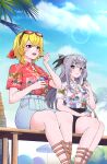  absurdres black_shorts blue_shorts blush cloud commentary cone_hair_bun eating english_commentary eyewear_on_head food gladiator_sandals grey_eyes grey_hair hair_bun hair_ornament hairband highres hololive hololive_indonesia ice_cream ichiyaichimaru kaela_kovalskia print_shirt red-tinted_eyewear red_eyes red_hairband sandals shirt short_hair shorts sitting summer tinted_eyewear vestia_zeta virtual_youtuber 