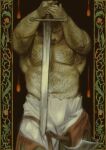 1boy abs arm_hair armpit_hair bara blood blood_drop brown_hair chest_hair commentary cowboy_shot english_commentary facial_hair goatee groin hairy holding holding_sword holding_weapon juunipupu large_pectorals male_focus medieval muscular muscular_arms muscular_male mustache navel nipples original pants pectorals solo stomach_hair strongman_waist sword upturned_eyes weapon white_pants 