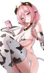  1girl :p absurdres animal_ears animal_print aqua_hair aqua_streaks bare_shoulders bell bikini black_horns black_thighhighs braid breasts bridal_gauntlets cleavage collar commentary cow_ears cow_girl cow_horns cow_print cow_print_bikini cow_print_bridal_gauntlets cow_print_thighhighs cow_tail drink_carton feet_out_of_frame hair_between_eyes highres holding holding_plate horns huge_breasts legs long_hair looking_at_viewer milk_carton mole mole_under_eye multicolored_hair multicolored_thighhighs navel neck_bell original pink_hair plate print_bikini print_bridal_gauntlets print_thighhighs red_collar red_eyes simple_background skindentation solo stomach streaked_hair swimsuit tail thighhighs thighs tongue tongue_out twin_braids two-tone_hair two-tone_thighhighs ushigome_ichiya_(zzirit6) white_background white_thighhighs zzirit6 