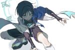  1boy armor black_bodysuit black_bow black_bridal_gauntlets black_sandals black_shorts blue_cape blue_eyes blue_gem blue_halo blunt_ends body_markings bodysuit bow bridal_gauntlets cape choppy_bangs commentary_request curled_fingers feathers furisode gem genshin_impact glowing_markings hakama hakama_shorts halo halo_behind_head highres japanese_armor japanese_clothes kimono kingyo_(nyankomanjyuu15) kote kurokote looking_up male_focus pleated_shorts pom_pom_(clothes) purple_rope rope sandals sanpaku scaramouche_(genshin_impact) short_sleeves shorts side_cape sketch solo squatting toes vision_(genshin_impact) wanderer_(genshin_impact) white_background white_sleeves yellow_feathers zouri 