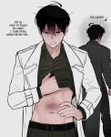  2boys black_coat black_hair black_shirt bruise bruise_on_stomach canon_event clenched_teeth clothes_lift coat collared_shirt commentary english_commentary half-closed_eyes hand_on_own_hip hand_on_own_stomach highres injury kim_dokja male_focus multiple_boys omniscient_reader's_viewpoint open_clothes open_coat shirt shirt_lift short_hair taotaille teeth white_coat yoo_joonghyuk 