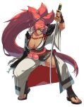  1girl amputee arm_guards armor baiken big_hair black_jacket black_kimono breasts cleavage clenched_teeth commentary english_commentary eyepatch facial_mark facial_tattoo fighting_stance full_body greaves guilty_gear guilty_gear_strive highres holding holding_sword holding_weapon jacket jacket_on_shoulders japanese_clothes kataginu katana kimono large_breasts long_hair looking_at_viewer multicolored_kimono obi one-eyed open_clothes open_kimono pink_hair ponytail red_eyes red_hair revision robe rope_belt samurai sandals sash scar scar_across_eye scar_on_face sheath solo sword tattoo teeth thighs torn_sleeve transparent_background very_long_hair weapon white_kimono 