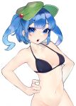  1girl absurdres black_bra blue_eyes blue_hair blush bra breasts cleavage collarbone colored_eyebrows commentary_request green_hat groin hair_bobbles hair_ornament hand_on_own_hip hat highres kappa_mame kawashiro_nitori looking_at_viewer navel no_panties open_mouth short_twintails solo touhou twintails underwear upper_body white_background 