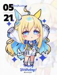  1girl ahoge animal_ears arms_up badge bandeau black_bandeau blonde_hair blue_eyes blue_hair blush breasts bright_pupils button_badge character_name chibi chibi_only cleavage colored_inner_hair commentary_request diamond_hair_ornament ear_covers hair_between_eyes hair_ornament happy_birthday highres horse_ears horse_girl horse_tail jacket kanntsukirin long_hair long_sleeves medium_breasts multicolored_hair neo_universe_(umamusume) neo_universe_(universe-naut)_(umamusume) parted_lips single_ear_cover sleeves_past_fingers sleeves_past_wrists tail two-tone_hair two-tone_tail umamusume white_pupils zoom_layer 
